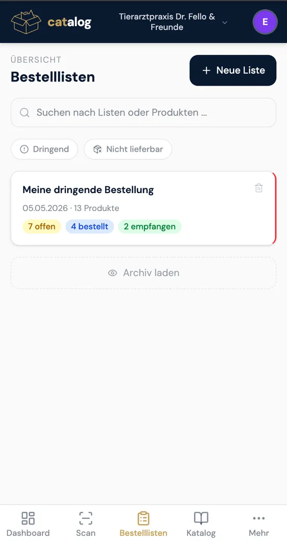 Übersicht der Bestelllisten in catalog mit Suchfeld, den Filtern Dringend und Nicht lieferbar und einer Liste mit 7 offenen, 4 bestellten und 2 empfangenen Produkten