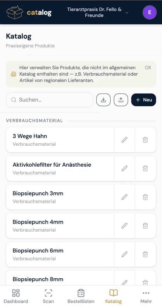 Praxiskatalog in catalog mit Suchfeld, den Buttons Import, Export und Neu sowie Produktkarten mit Bearbeiten- und Löschen-Symbol