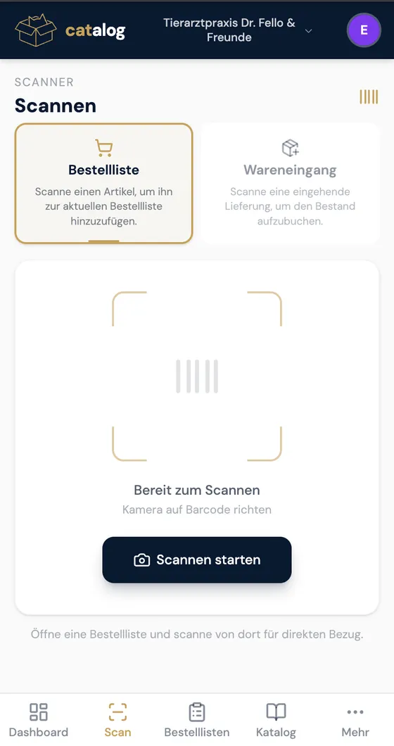 Scanner in catalog mit der Modus-Auswahl zwischen Bestellliste und Wareneingang sowie dem Button Scannen starten
